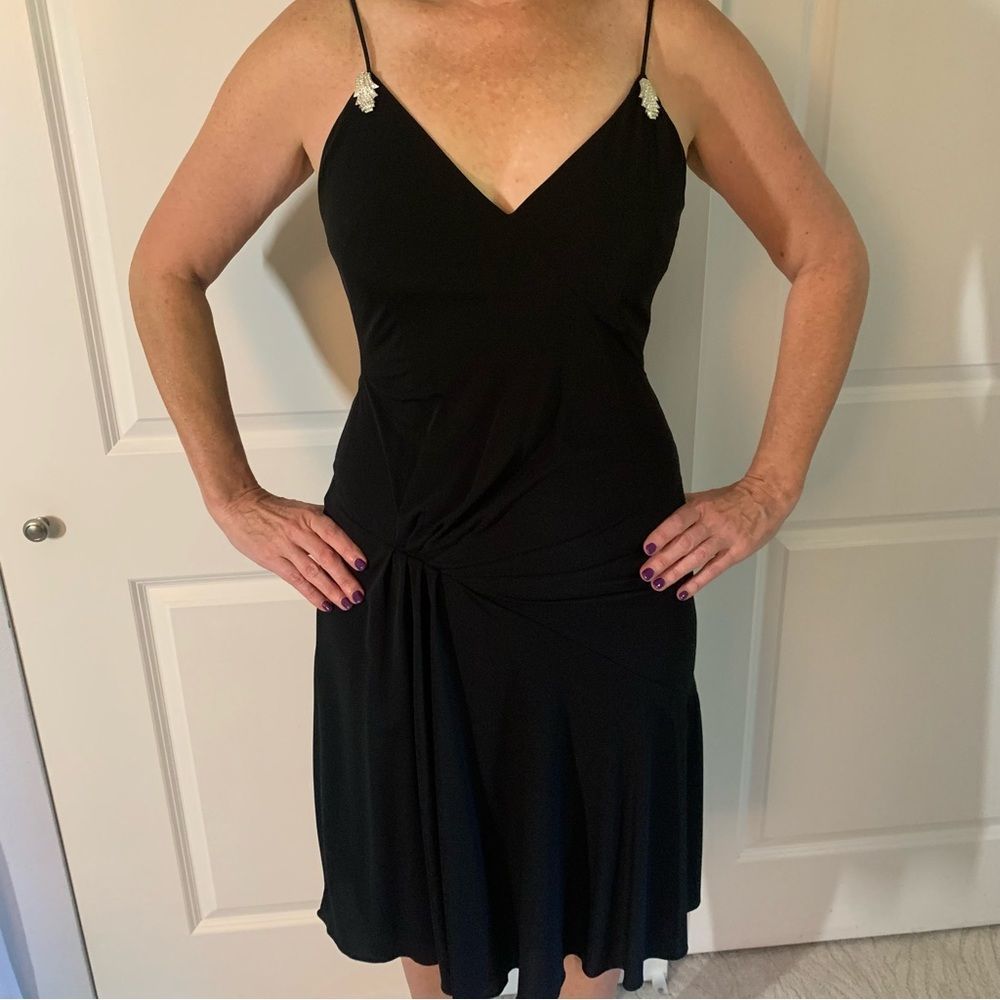 David Meister Black Mini Dress With Rhinestone Brochettes